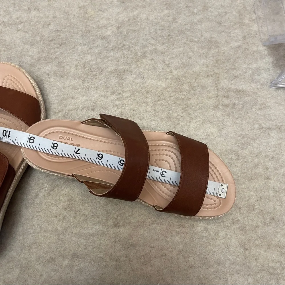 CROCS A-Leigh Brown Leather 2 Strap Canvas Wedge Comfort Sandals Women’s size 7